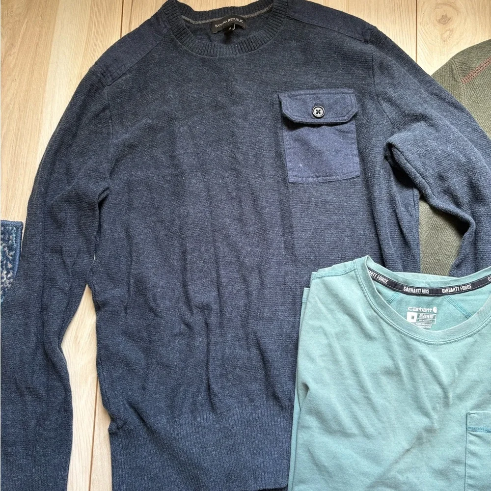 Carhartt Men's Green Pocket Tee with Dark Green Quarter-Zip and Navy Sweater Lot - Picture 2 of 10